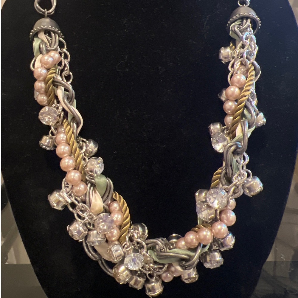 Vtg Loft Chunky Multi‎ Strand Statement Necklace Faux Pearl Crystal Y2K 26"